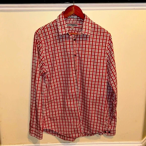 Express Fitted Red Plaid Button Down - Picture 3 of 7